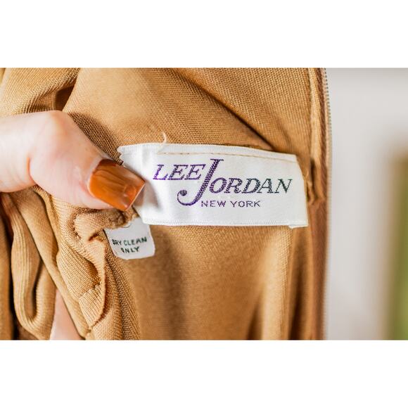 VTG 70s Lee Jordan Halter Maxi Dress Tan Rhinestone Evening Gown, Glam Disco M L - Picture 7 of 16